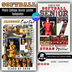 May include: Two softball senior photo collage templates. One features a player in a yellow and black uniform, the other a player in a red uniform. Both templates include the text "SOFTBALL SENIOR" and "CLASS OF 2026". The size is 24x36 inches.