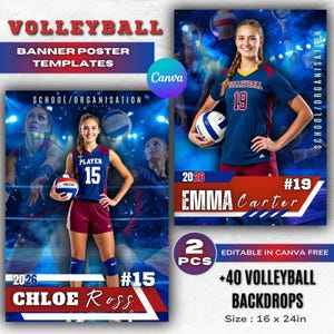Könnte beinhalten: Volleyball-Banner-Postervorlagen mit zwei Athleten in blauen und weinroten Uniformen, die Volleybälle halten. Die Poster enthalten den Text "VOLLEYBALL", "BANNER POSTER TEMPLATES" und "SCHOOL/ORGANISATION". Die Größe beträgt 40,6 x 61 cm.