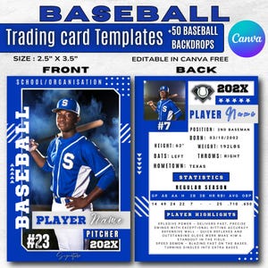May include: Baseball trading card template in blue and white. The front shows a player in a blue uniform with a bat, the text "PLAYER NAME" and "#23". The back has player stats, highlights, and the text "202X". The card size is 6.35cm x 8.89cm.