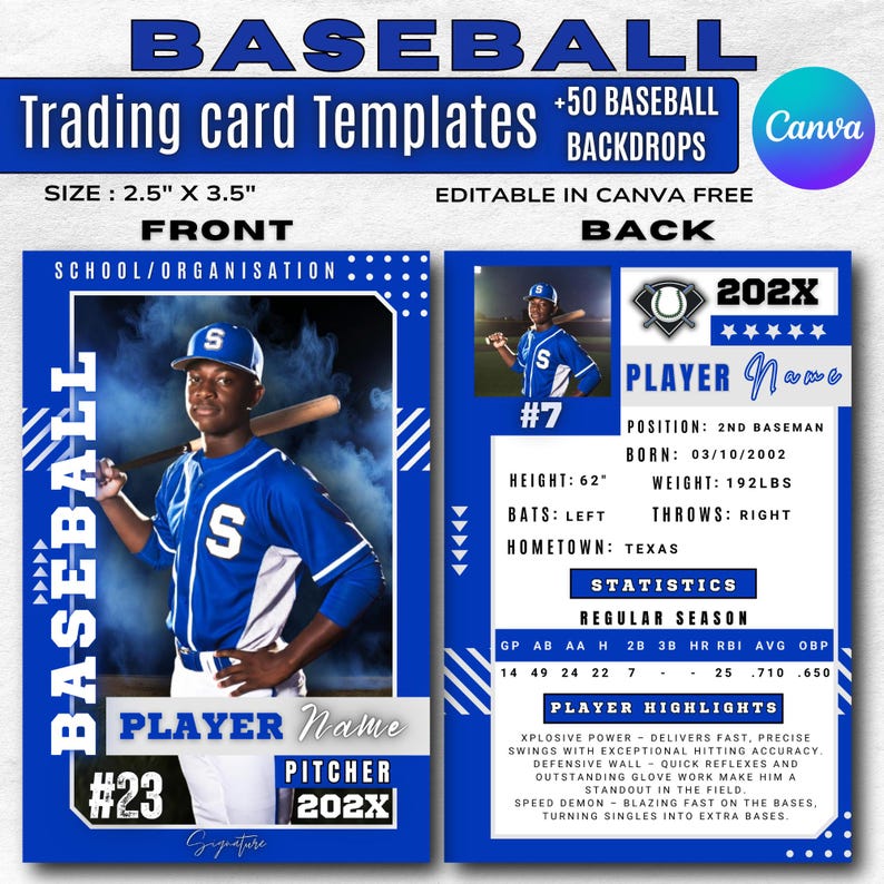 Custom Baseball Trading Card Template Canva | Editable Double Sided ...