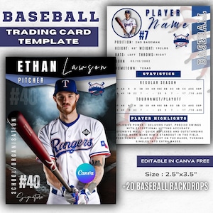 Baseball Spieler Sammelkarte Vorlage | Doppelseitige Baseball Sammelkarte | Canva bearbeitbare Sportkarte | Baseball vorne und hinten Karte