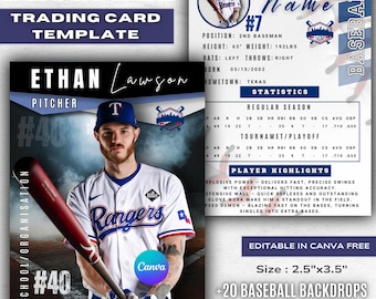Può includere: Modello di carta collezionabile di baseball con Ethan Lawson, lanciatore dei Rangers, con foto e statistiche del giocatore. La carta misura 6,35 cm x 8,89 cm e include uno sfondo a tema baseball. Modificabile in Canva.