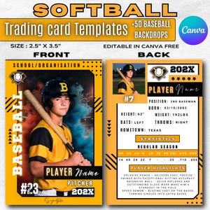 Könnte beinhalten: Softball-Baseball-Karten-Vorlage, Vorder- und Rückseite, mit einem Baseballspieler-Bild. Die Vorderseite zeigt einen Spieler mit einem Schläger, die Rückseite hat Spielerstatistiken. Die Karte ist 6,35 cm x 8,89 cm groß.