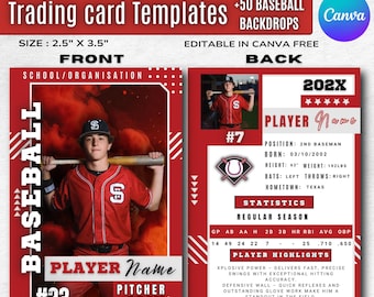 Plantilla de tarjeta de béisbol 2026, editable en Canva, tarjeta de jugador de doble cara personalizada, tarjetas coleccionables deportivas DIY, regalo de las Pequeñas Ligas.