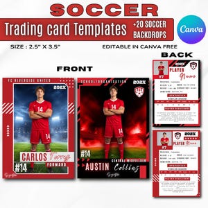 Pode incluir: Modelos de cartões colecionáveis de futebol com 20 fundos, editáveis no Canva. Inclui designs de frente e verso para cartões de jogador, com campos para nome, posição, altura, peso, estatísticas e destaques. Dimensões: 6,35 cm por 8,89 cm.