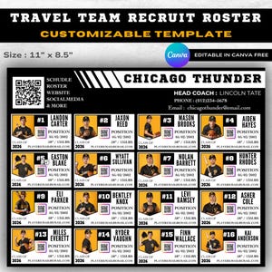 Könnte beinhalten: Eine anpassbare Vorlage für die Reiseliste des Teams, Größe 28 cm x 22 cm, mit dem Team Chicago Thunder. Enthält Fotos von Spielern, Positionen und Kontaktinformationen. Bearbeitbar in Canva.