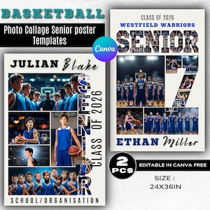 May include: Two basketball-themed senior poster templates. One features Julian Blake and the other Ethan Miller, both from the Class of 2026. The posters include action shots of players in blue uniforms. Size: 24x36 inches.