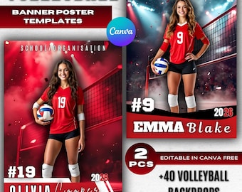 Pode incluir: Modelos de banners e cartazes de voleibol. Dois designs apresentam jogadoras de voleibol com camisas vermelhas e calções pretos, segurando uma bola de voleibol. Os cartazes incluem o texto "VOLLEYBALL", "SCHOOL/ORGANISATION", e "+40 VOLLEYBALL BACKDROPS". Tamanho: 40,6 x 61 cm.