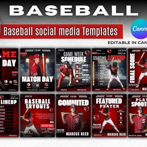 Könnte beinhalten: Eine Sammlung von 20 Baseball-Social-Media-Vorlagen. Jede Vorlage zeigt ein rotes und schwarzes Design mit Baseballspielern, Spieltaginformationen und dem Canva-Logo. Die Vorlagen sind in Canva editierbar.