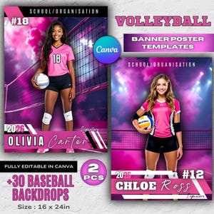 Volleyball senior Banner Poster Templates | Pink Volleyball Senior Night Canva Design | Editable Sports Poster | pink volleyball Backdrops