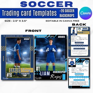 Puede incluir: Un conjunto de plantillas digitales de tarjetas de fútbol que miden 6,35 cm por 8,89 cm, con diseños frontales y traseros en azul y dorado, editables en Canva, incluyendo fotos de jugadores, estadísticas e información del equipo.