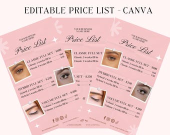 Redigerbar fransprislista Canva-mall | Rosa skönhetssalongsmeny | Utskrivbar prislista för franstekniker | Canva + utskrivbar PDF