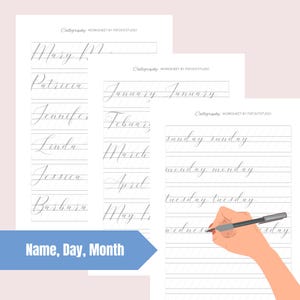 K&ouml;nnte beinhalten: Ein Kalligraphie-Arbeitsblatt mit drei Spalten. Die erste Spalte enth&auml;lt Namen zum &Uuml;ben des Schreibens, die zweite Spalte enth&auml;lt die Monate des Jahres und die dritte Spalte enth&auml;lt die Wochentage. Das Arbeitsblatt hat graue Linien als Orientierungshilfe.