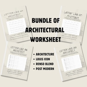 Puede incluir: Un conjunto de hojas de trabajo de arquitectura con el texto "Letter Like an Architect" en la portada. La portada presenta ejercicios de práctica de escritura a mano e ilustraciones arquitectónicas. El conjunto incluye las palabras "Architecture", "Louis Icon", "Renso Blend" y "Post Modern".