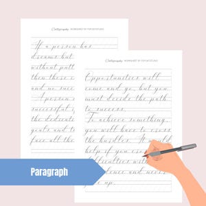 K&ouml;nnte beinhalten: Zwei Seiten eines Kalligraphie-Arbeitsblattes mit liniertem Papier. Die linke Seite enth&auml;lt den Text "If a person has dreams but without putting then there is and no success. A person is successful if the dedication, goals and to face all the" Die rechte Seite enth&auml;lt den Text "Opportunities will come and go, but you must decide the path to success. To achieve something you will have to cross the hurdles. It would help if you cross difficulties with patience and never give up."