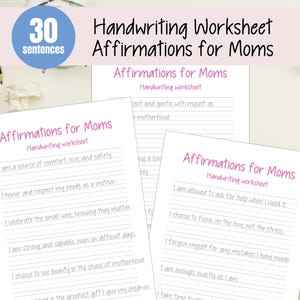 Affirmationen für Mütter, Arbeitsblatt zur positiven Affirmation, Handschrift, Übung zur Affirmation, Alphabet-Übung, Buchstabenverfolgung