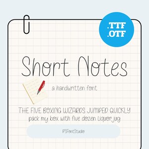 Könnte beinhalten: Ein digitales Design mit den Worten "Short Notes" in einer handschriftlichen Schriftart. Das Design enthält einen Notizblock mit einem roten Stift, einen blauen Kreis mit "TTF .OTF" und den Text "THE FIVE BOXING WIZARDS JUMPED QUICKLY pack my box with five dozen Liquor jug".