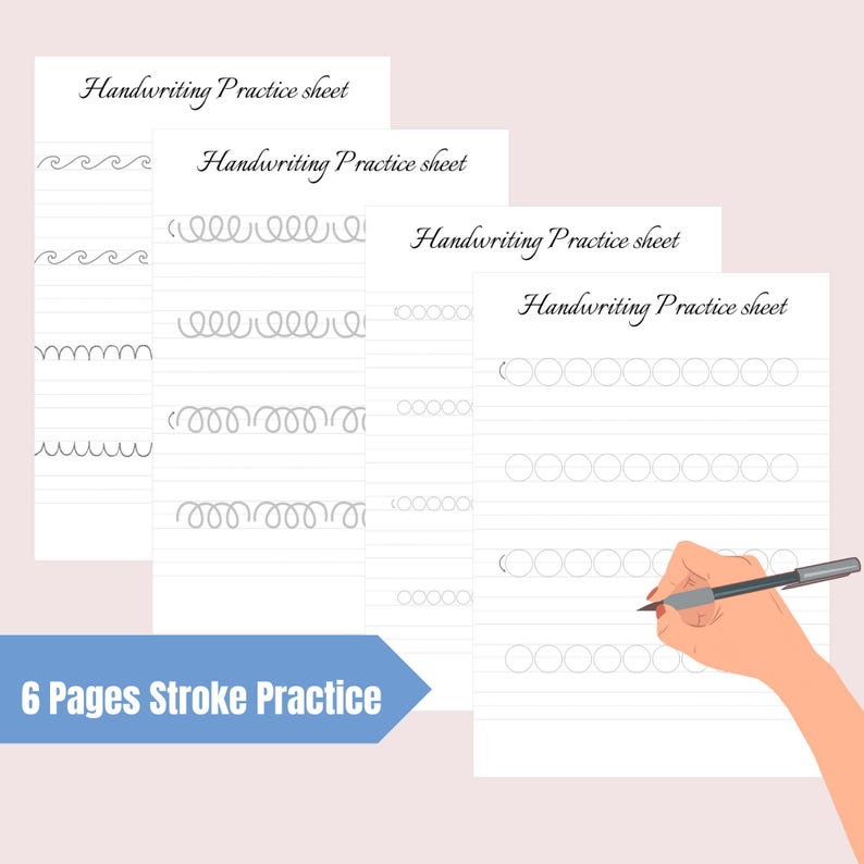 K&ouml;nnte beinhalten: Sechs Seiten mit Schreib&uuml;bungen mit verschiedenen Strichmustern. Die Bl&auml;tter sind auf wei&szlig;em Papier gedruckt und haben ein hellgraues Rastermuster. Der Text "Handwriting Practice sheet" ist oben auf jeder Seite gedruckt. Der Text "6 Pages Stroke Practice" ist unten im Bild in Blau gedruckt.