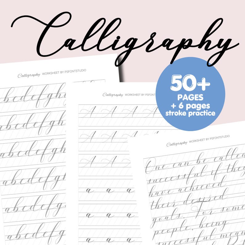 K&ouml;nnte beinhalten: Ein Satz Kalligraphie-Arbeitsbl&auml;tter mit &uuml;ber 50 Seiten &Uuml;bungsaufgaben. Die Arbeitsbl&auml;tter zeigen eine Vielzahl von Buchstaben und Strich&uuml;bungen. Der Text auf dem Bild lautet "Kalligraphie" und "50+ SEITEN + 6 Seiten Strich&uuml;bungen".