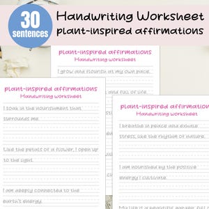 Afirmações para amantes de plantas, planilha de caligrafia de afirmação positiva, prática de caligrafia, afirmação, prática de alfabeto, rastreamento de letras