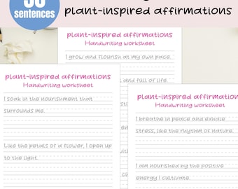 Plant Affirmation Handwriting Practice Sheets | Self-Care Tracing PDF