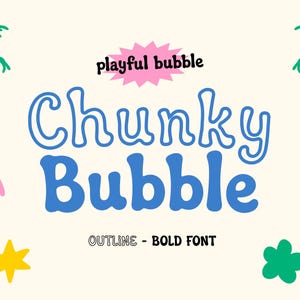 May include: A digital font display featuring the text "playful bubble" in black, "Chunky Bubble" in blue, and "OUTLINE - BOLD FONT" in black. The design includes two yellow palm trees, a pink rainbow, a pink shape, a yellow star, and a green flower.