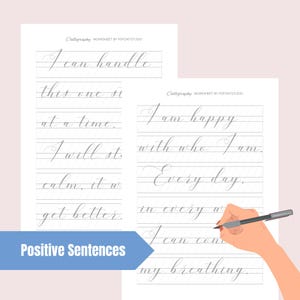 K&ouml;nnte beinhalten: Ein druckbares Kalligraphie-Arbeitsblatt mit positiven Affirmationen. Das Arbeitsblatt enth&auml;lt Zeilen zum &Uuml;ben des Schreibens der S&auml;tze "Ich kann damit umgehen, einen Schritt nach dem anderen", "Ich werde ruhig bleiben, es wird besser werden", "Ich bin gl&uuml;cklich mit dem, wer ich bin", "Jeden Tag, auf jede erdenkliche Weise, kann ich meine Atmung kontrollieren".