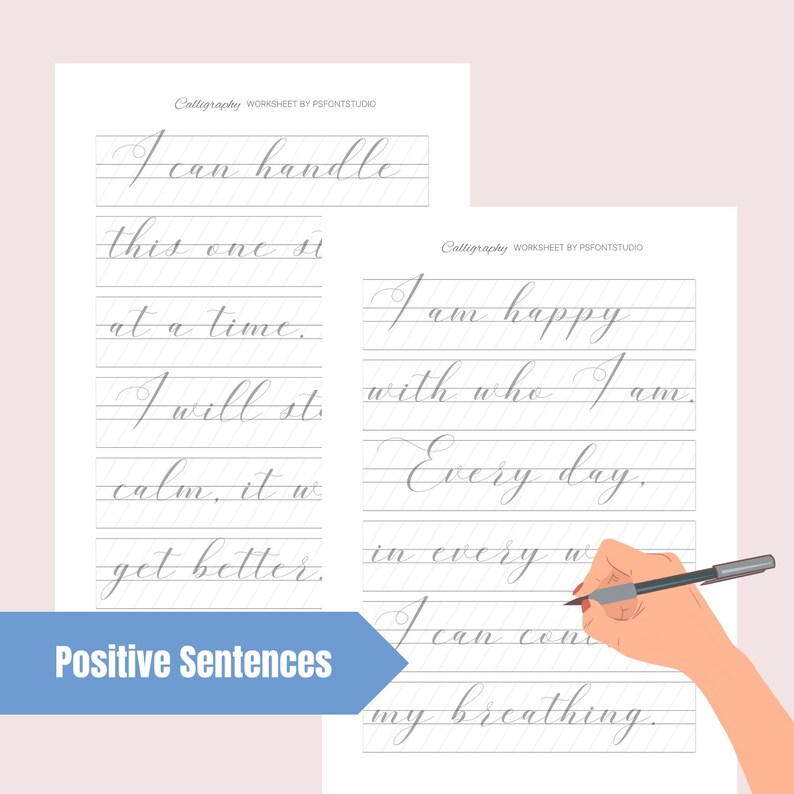 K&ouml;nnte beinhalten: Ein druckbares Kalligraphie-Arbeitsblatt mit positiven Affirmationen. Das Arbeitsblatt enth&auml;lt Zeilen zum &Uuml;ben des Schreibens der S&auml;tze "Ich kann damit umgehen, einen Schritt nach dem anderen", "Ich werde ruhig bleiben, es wird besser werden", "Ich bin gl&uuml;cklich mit dem, wer ich bin", "Jeden Tag, auf jede erdenkliche Weise, kann ich meine Atmung kontrollieren".