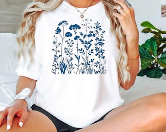 Blue Flowers T-Shirt: Garment-Dyed Botanical Tee, Nature Lover Gift