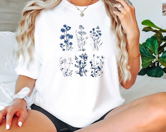 Blue Flowers T-Shirt: Garment-Dyed Botanical Tee