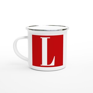 Taza con monograma rojo y letra L (24 unidades) / Elegante taza esmaltada de 355 ml / Taza de café con inicial personalizada