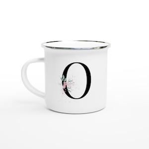 Taza esmaltada con la letra O floral / Taza de café con inicial de 355 ml / Ideal para camping y uso doméstico