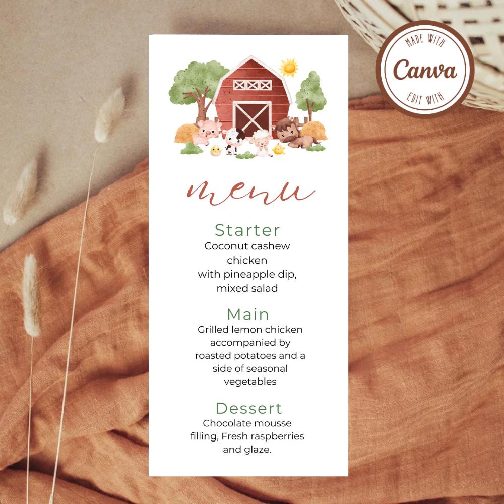 Farm Animal Theme Editable Menu Card, Editable Farm Menu Card, Digital ...