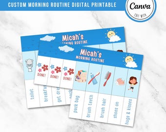 Op de afbeelding: Een blauwe en witte printbare kaart met de tekst "Micah's Morning Routine" en een lijst met ochtendactiviteiten, waaronder "toilet", "ontbijt", "kleden", "tas inpakken", "tanden poetsen", "haar borstelen", "schoenen aan doen" en "knuffels en kusjes".