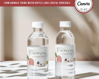 Farm Animals Birthday Water Bottle Labels (Canva editable, Instant Digital Download)