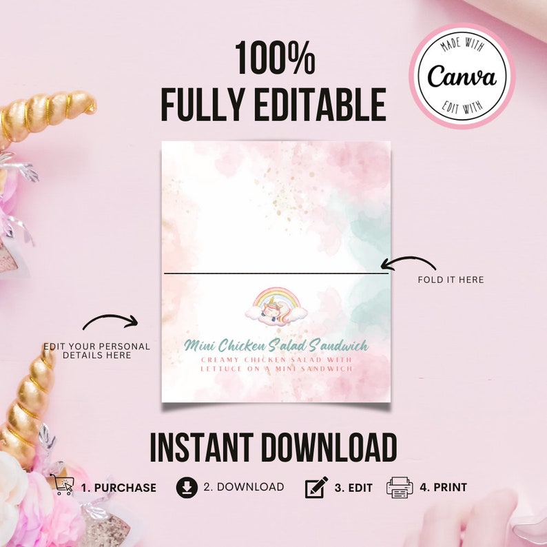 Unicorn Theme Food Label Card Digital Printable | Buffet Card Template ...