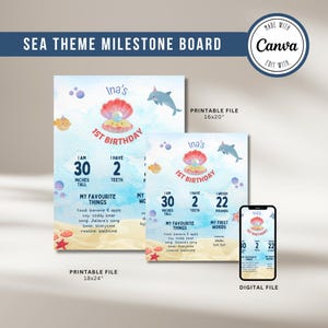 Zeethema verjaardag mijlpaalbord: bewerkbare canva-sjabloon (canva, instant digitale download)