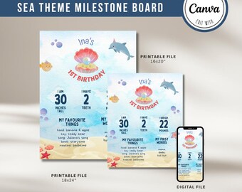 May include: Sea theme milestone board with a watercolor design. The board features a seashell, dolphins, and fish illustrations. It includes the text "I am 30 inches tall, I have 2 teeth, I weigh 22 pounds." The board is for a first birthday.
