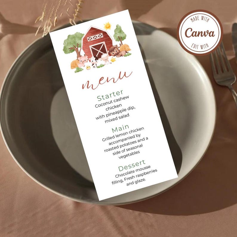 Farm Animal Theme Editable Menu Card, Editable Farm Menu Card, Digital ...