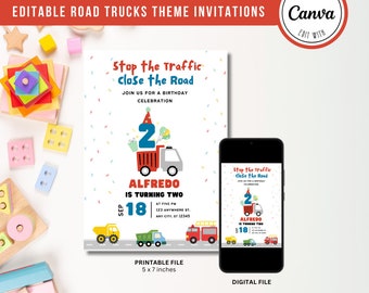 May include: Printable and digital invitation for a 2nd birthday party with a road truck theme. The invitation features a red truck with a number 2 on top, confetti, and the text "Stop the Traffic Close the Road". The invitation is for Alfredo's 2nd birthday party and includes the date, time, and location.