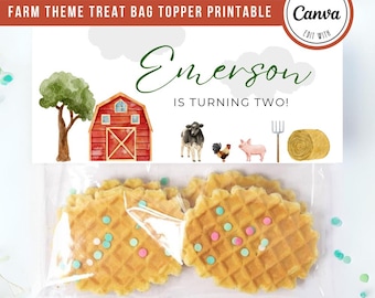 Farm Animal Treat Bag Topper: Editable Birthday Party Decor (Canva editable, Instant Digital Download)