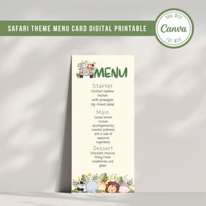 Safari Theme Editable Menu Card, Editable Safari Menu Card, Digital Printable, Instant Download, Menu Card Template, Safari Animals, Canva