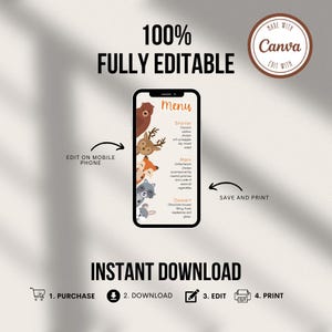 Woodland Animals Menu Card: Editable Birthday Party Printable (canva ...