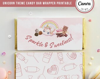 Può includere: Confezione di barretta di cioccolato stampabile con un unicorno che dorme su una nuvola con un arcobaleno sopra. La confezione ha uno sfondo rosa con il testo "Sparkle & Sweetness!" La seconda confezione ha uno sfondo bianco con un motivo rosa di caramelle, cuori e lecca-lecca.