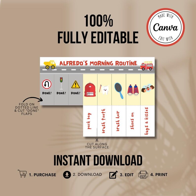 Road Truck Theme Morning Routine Chart, Folding Digital Printable, Flip ...