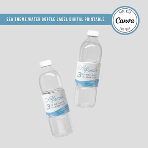海の誕生日パーティー用ウォーターボトルラベル：Canvaテンプレート（Canvaで編集可能、すぐにデジタルダウンロード可能）