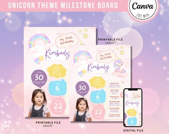 Tablero de hitos de cumpleaños de unicornio arcoíris / Plantilla editable de Canva (descarga digital)