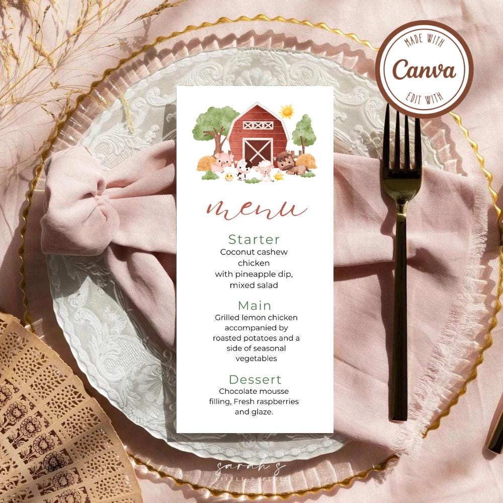 Farm Animal Theme Editable Menu Card, Editable Farm Menu Card, Digital ...