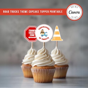 Road Trucks Theme Cupcake Topper | Cupcake Topper Digital Printable | Instant Download | Trucks Birthday Topper | Cake Topper | Canva