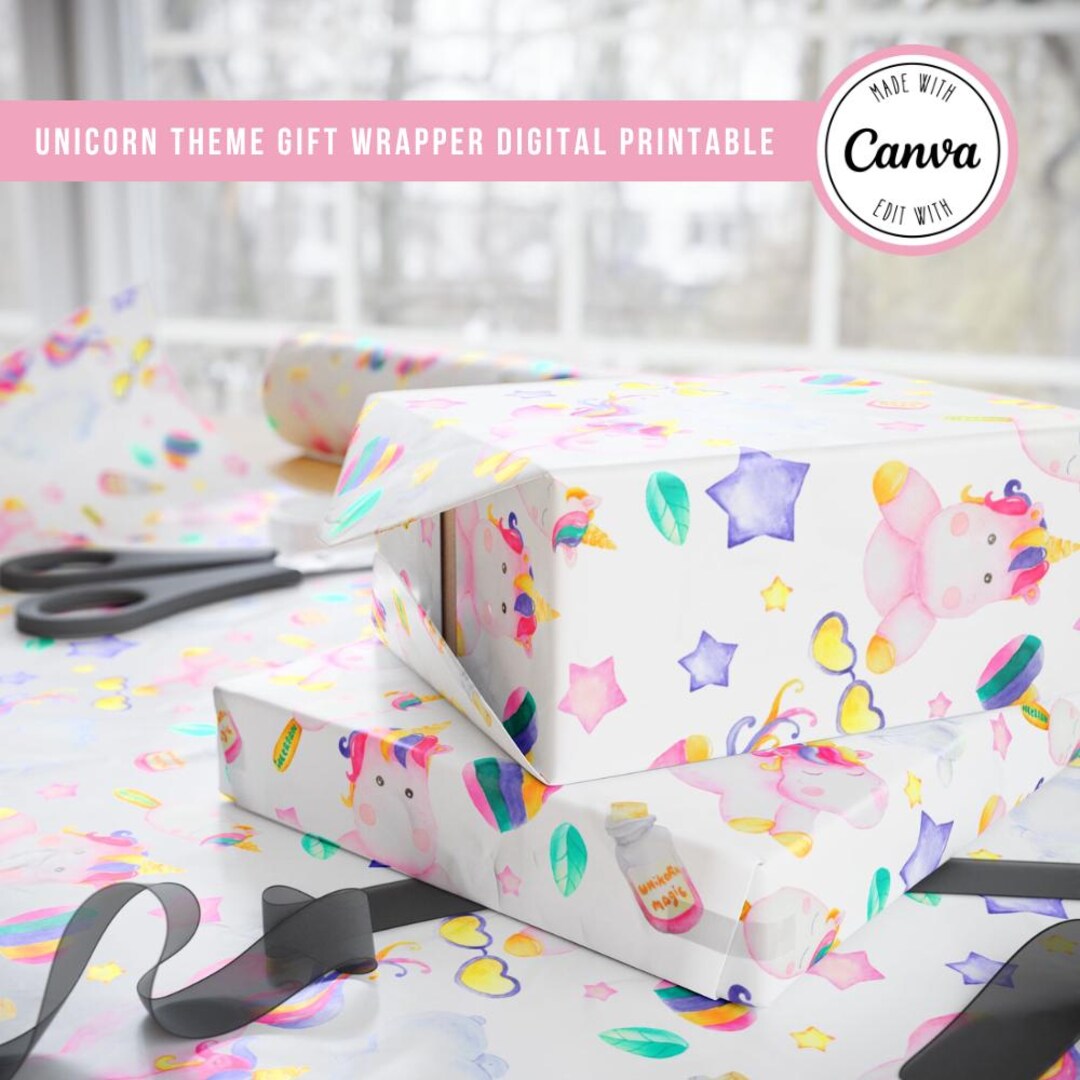 Unicorn Theme Patterned Gift Wrapper, Birthday Digital Paper, Party ...